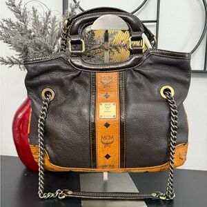 MCM Dark Brown & Cognac Leather Chain Shoulder Bag